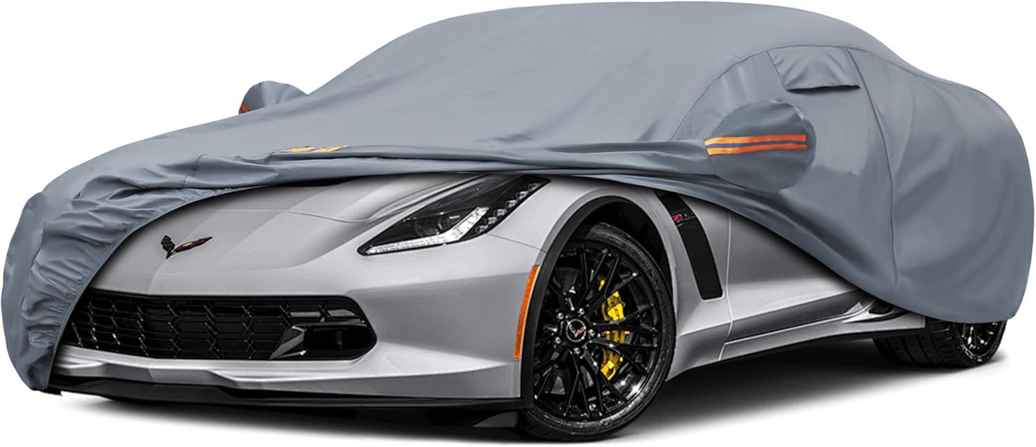 imageMORNYRAY Car Cover Compatible with Chevy Camaro Waterproof All Weather for Automobiles Outdoor Full Cover Rain Sun UV Protection with Zipper Cotton Grey Custom Fit Chevy CamaroGrey