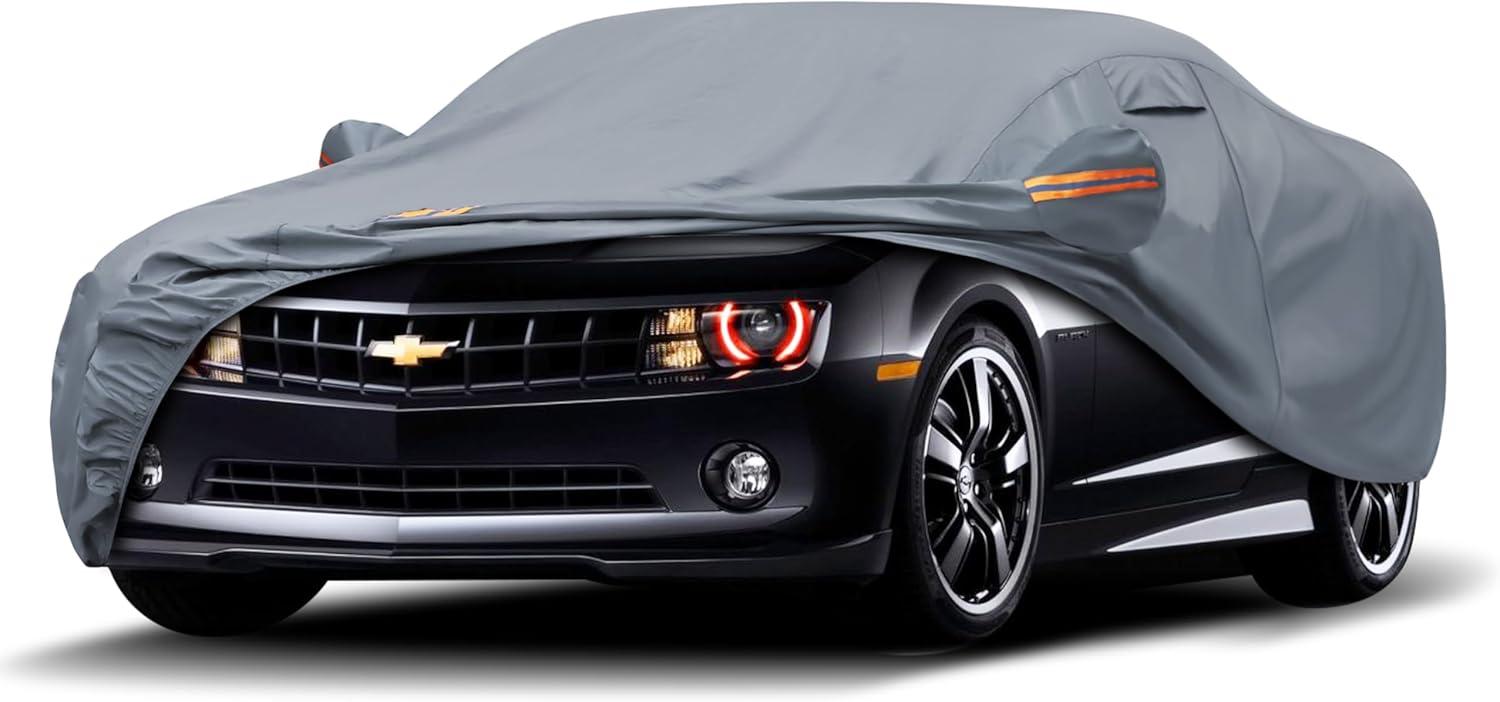 imageMORNYRAY Car Cover Compatible with Chevy Camaro Waterproof All Weather for Automobiles Outdoor Full Cover Rain Sun UV Protection with Zipper Cotton Grey Custom Fit Chevy CamaroGrey