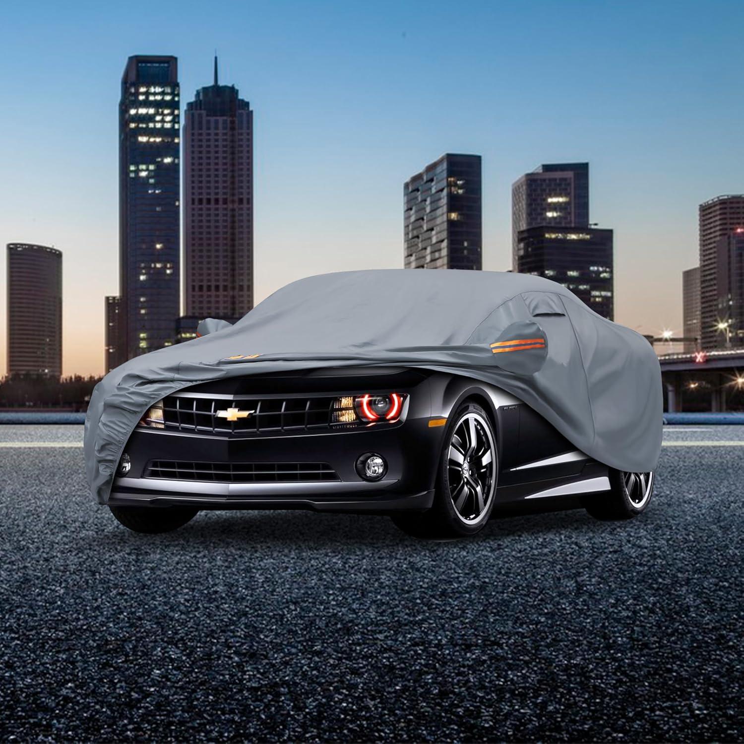 imageMORNYRAY Car Cover Compatible with Chevy Camaro Waterproof All Weather for Automobiles Outdoor Full Cover Rain Sun UV Protection with Zipper Cotton Grey Custom Fit Chevy CamaroGrey
