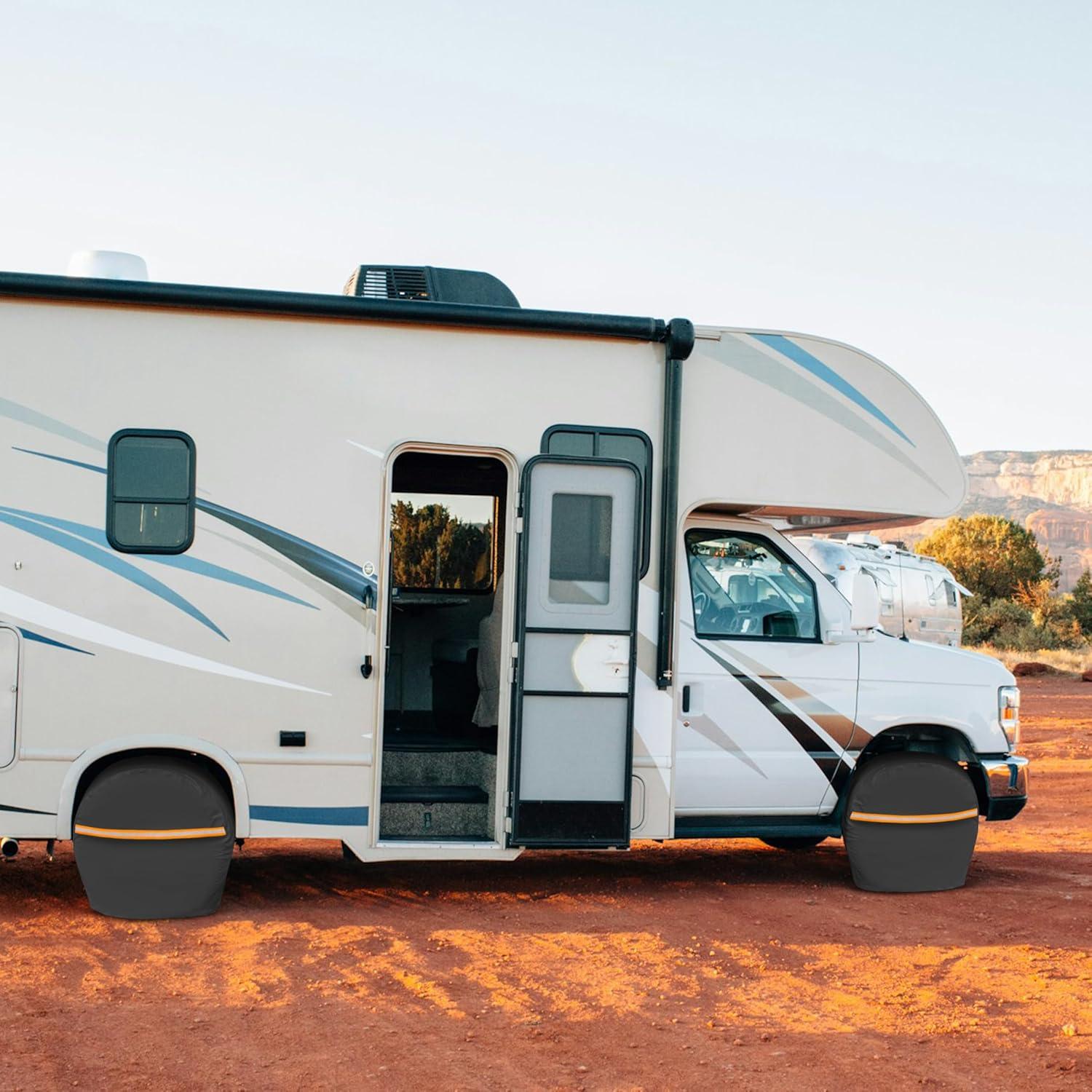 imageMORNYRAY Tire Covers 4 Pack  Tough Tire Wheel Protector for Truck TrailerSUV Trailer RVCamper Black M Fits Tire Diameters 262875Black