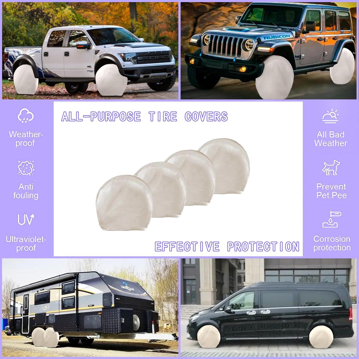 imageMORNYRAY Tire Covers 4 PackWaterproof AntiUV Snow Sun Rain Tire Covers for RVTruck SUV Trailer CamperFit 3032 Inch Tire Diameters