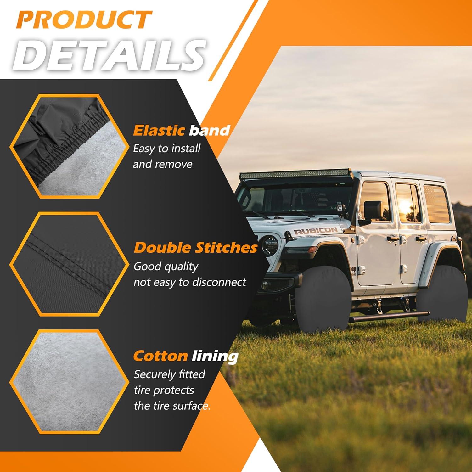 imageMORNYRAY Tire Covers 4 PackWaterproof AntiUV Snow Sun Rain Tire Covers for TruckRV SUV Trailer Camper Silver Fit 2729 Inch Tire DiametersFourBlackTire Covers