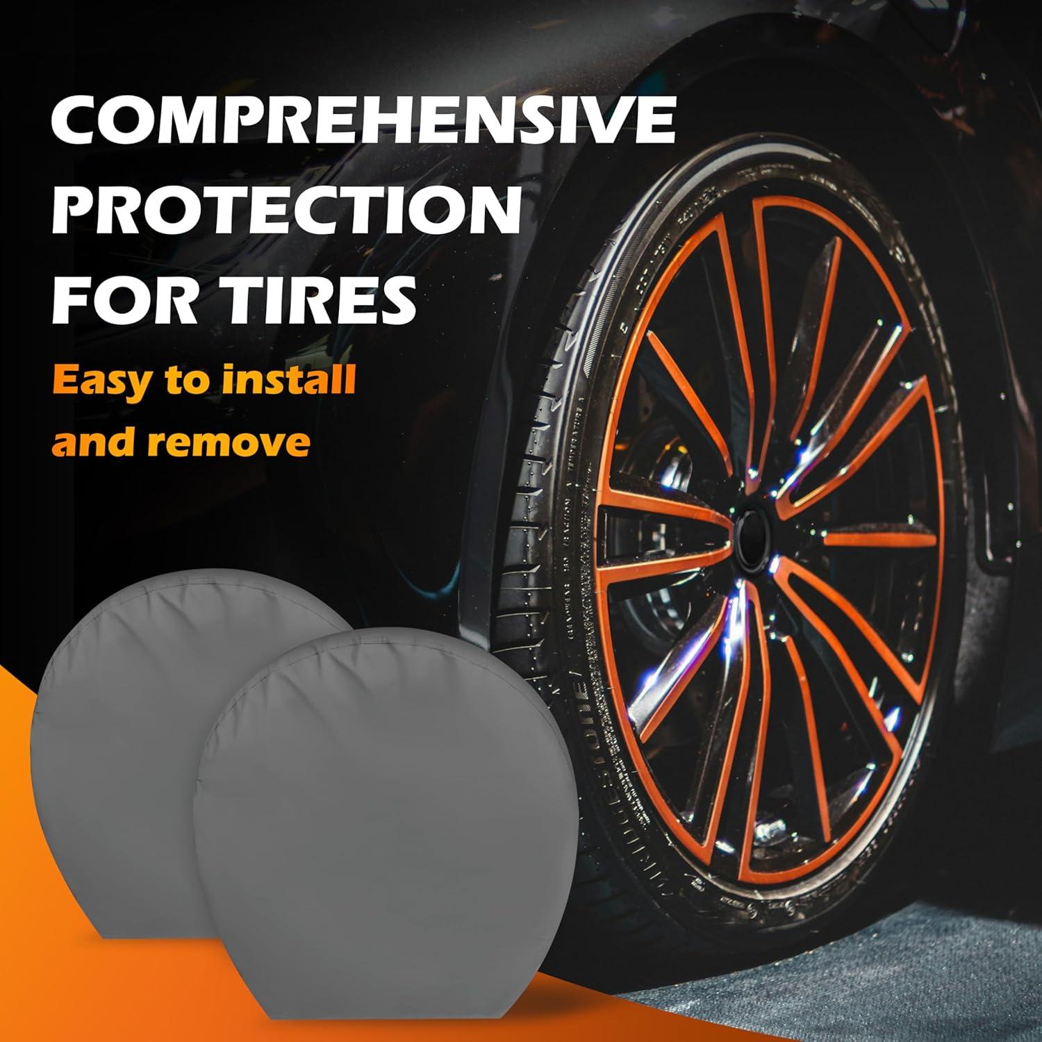 imageMORNYRAY Tire Covers 4 PackWaterproof AntiUV Snow Sun Rain Tire Covers for TruckRV SUV Trailer Camper Silver Fit 2729 Inch Tire DiametersTwoGreyTire Covers