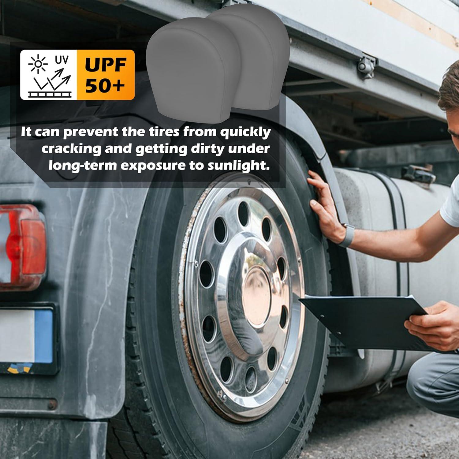 imageMORNYRAY Tire Covers 4 PackWaterproof AntiUV Snow Sun Rain Tire Covers for TruckRV SUV Trailer Camper Silver Fit 2729 Inch Tire DiametersTwoGreyTire Covers