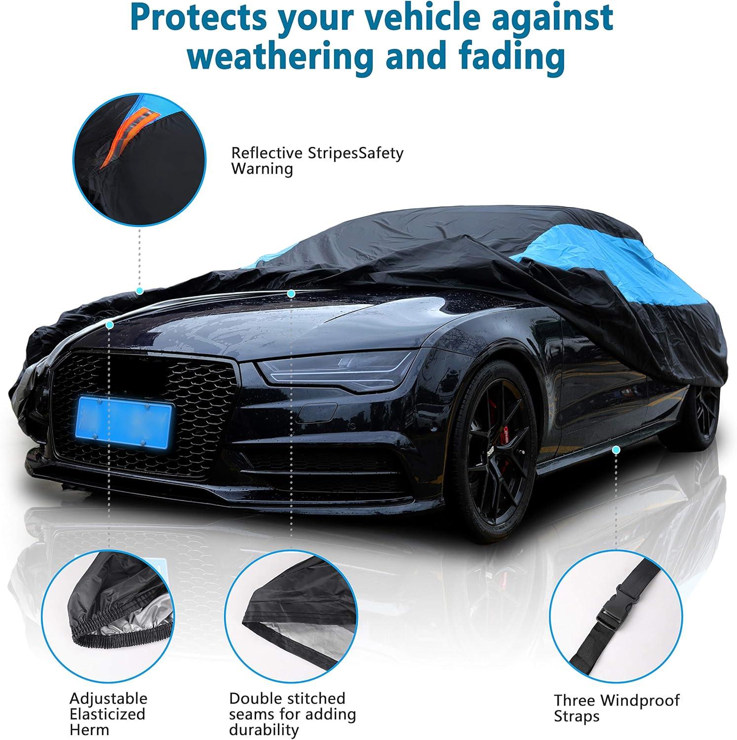 imageMORNYRAY Waterproof Car Cover All Weather Snowproof UV Protection Windproof Outdoor Full car Cover Universal Fit for Sedan Fit Sedan Length 194206 inch BlueBlue