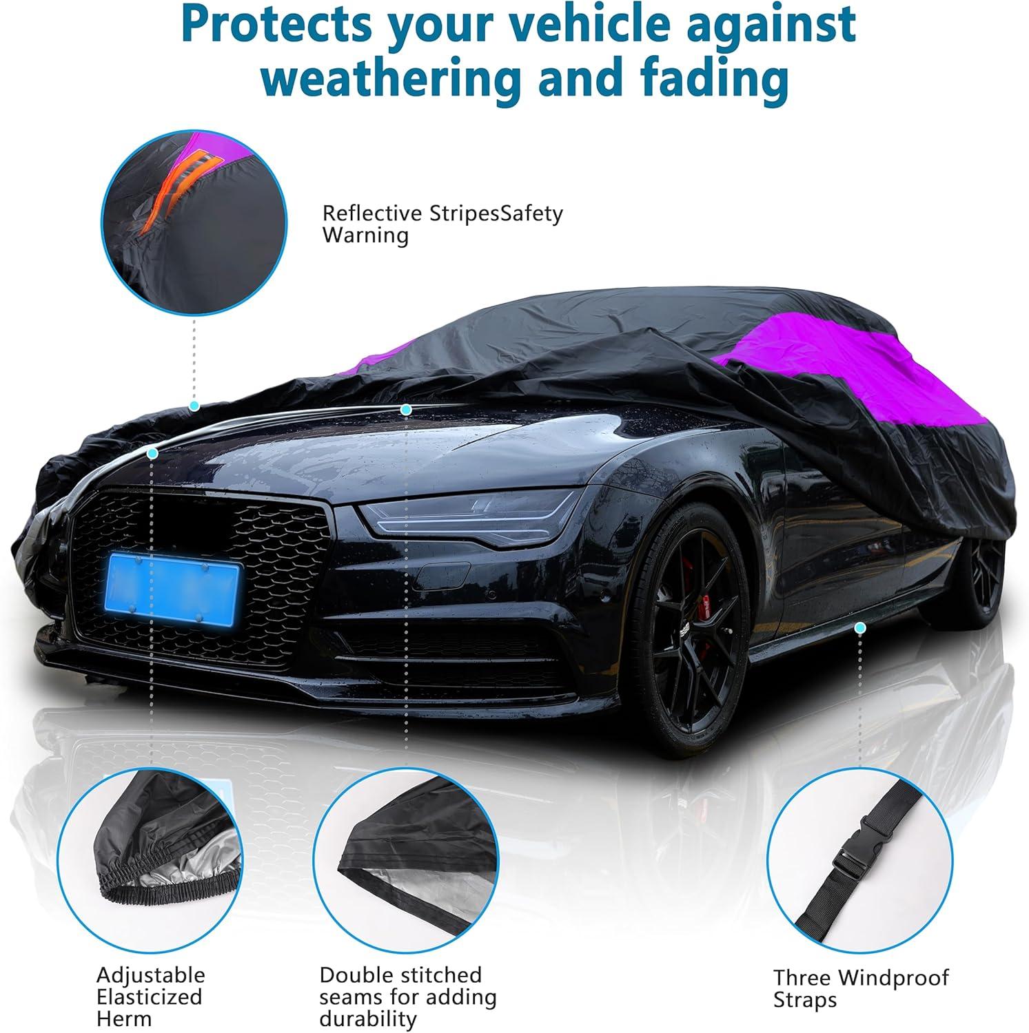 imageMORNYRAY Waterproof Car Cover All Weather Snowproof UV Protection Windproof Outdoor Full car Cover Universal Fit for Sedan Fit Sedan Length 194206 inch BluePurple