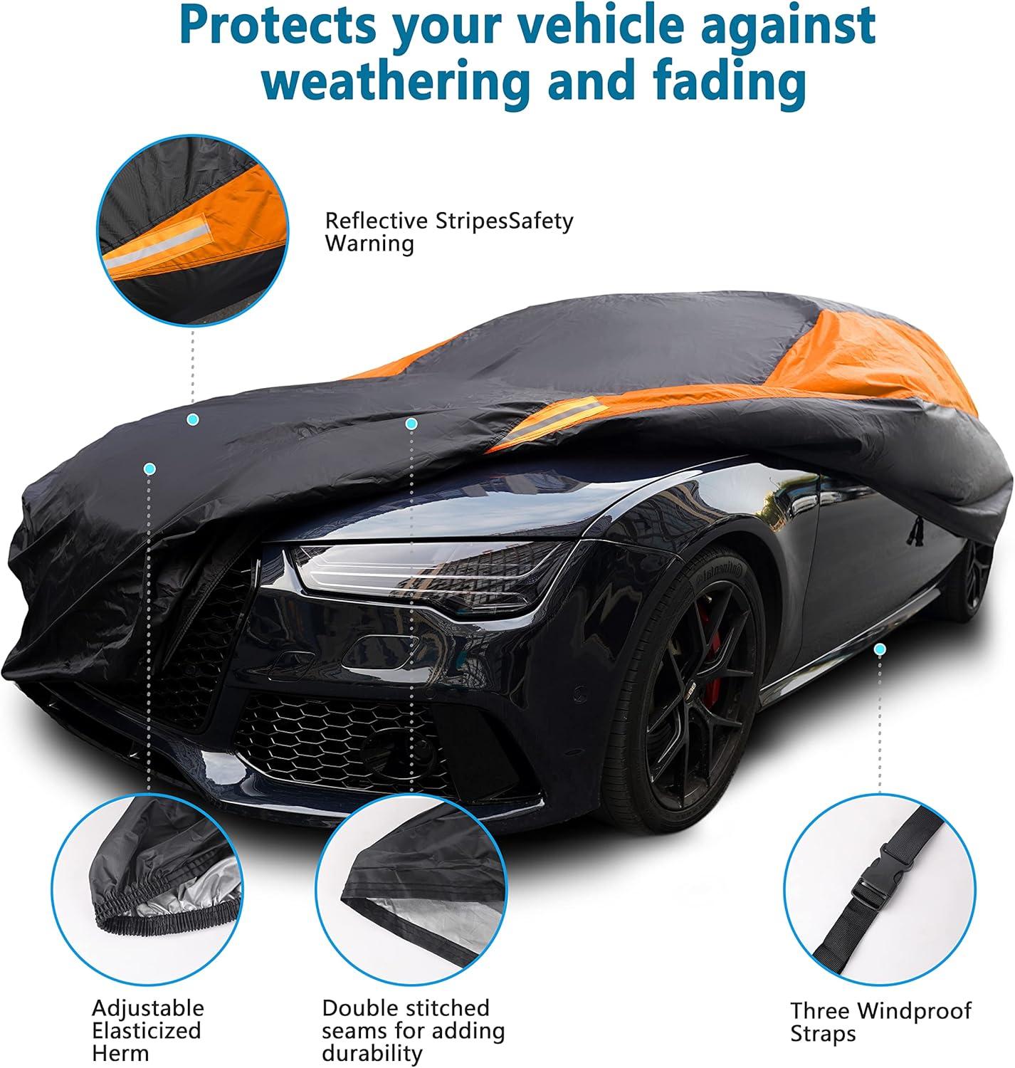 imageMORNYRAY Waterproof Car Cover All Weather Snowproof UV Protection Windproof Outdoor Full car Cover Universal Fit for Sedan Fit Sedan Length 194206 inch BlueOrange