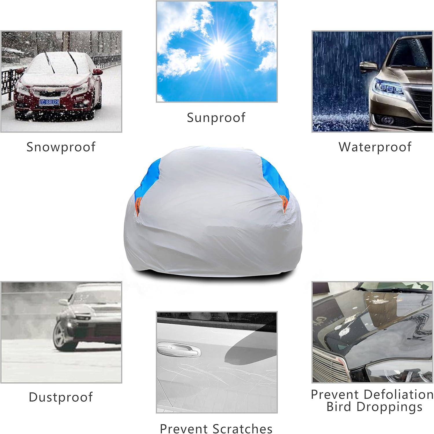 imageMORNYRAY Waterproof Car Cover All Weather Snowproof UV Protection Windproof Outdoor Full car Cover Universal Fit for Sedan Fit Sedan Length 194206 inch BlueSilvery