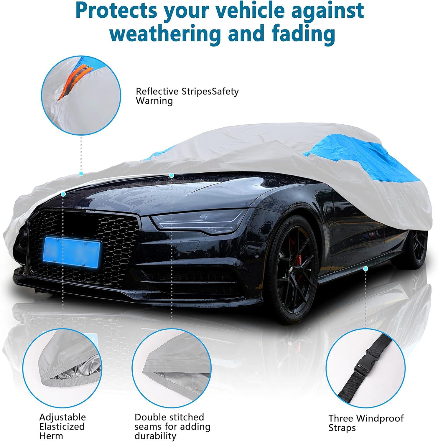 imageMORNYRAY Waterproof Car Cover All Weather Snowproof UV Protection Windproof Outdoor Full car Cover Universal Fit for Sedan Fit Sedan Length 194206 inch BlueSilvery