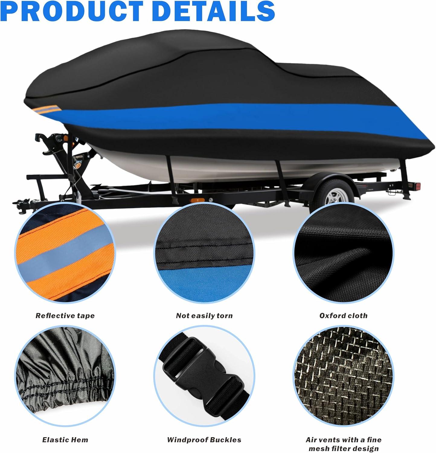 imageMORNYRAY Waterproof Jet Ski Cover  Heavy Duty Trailerable PWC Cover with Air Vents UV Resistant Compatible with Yamaha Seadoo KampampS Jet Ski Covers Blue Fit from 135quot145quot 23 SeaterBlue