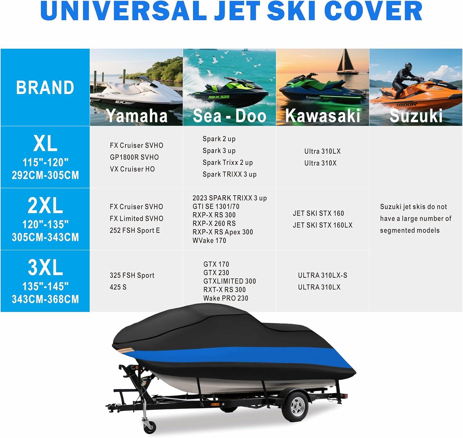 imageMORNYRAY Waterproof Jet Ski Cover  Heavy Duty Trailerable PWC Cover with Air Vents UV Resistant Compatible with Yamaha Seadoo KampampS Jet Ski Covers Blue Fit from 135quot145quot 23 SeaterBlue
