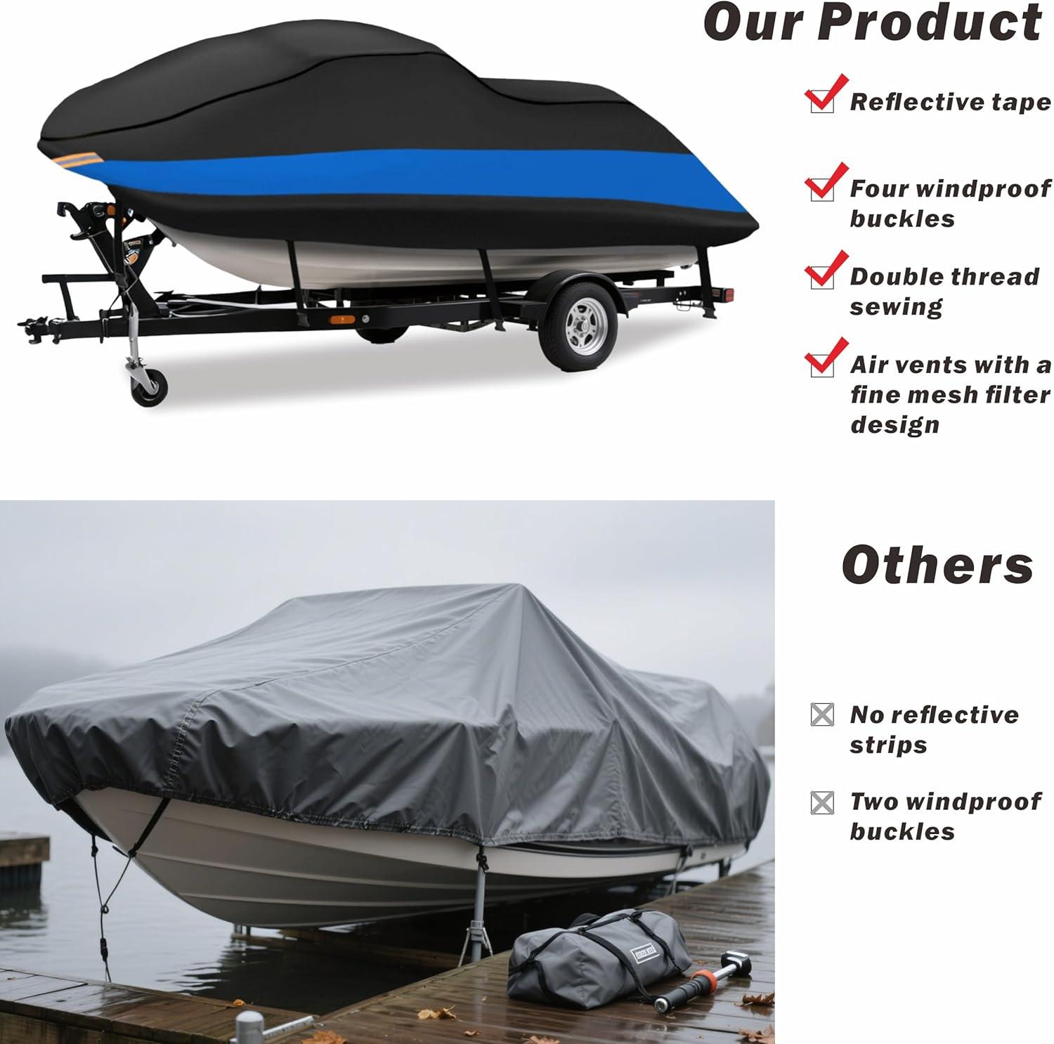 imageMORNYRAY Waterproof Jet Ski Cover  Heavy Duty Trailerable PWC Cover with Air Vents UV Resistant Compatible with Yamaha Seadoo KampampS Jet Ski Covers Blue Fit from 135quot145quot 23 SeaterBlue