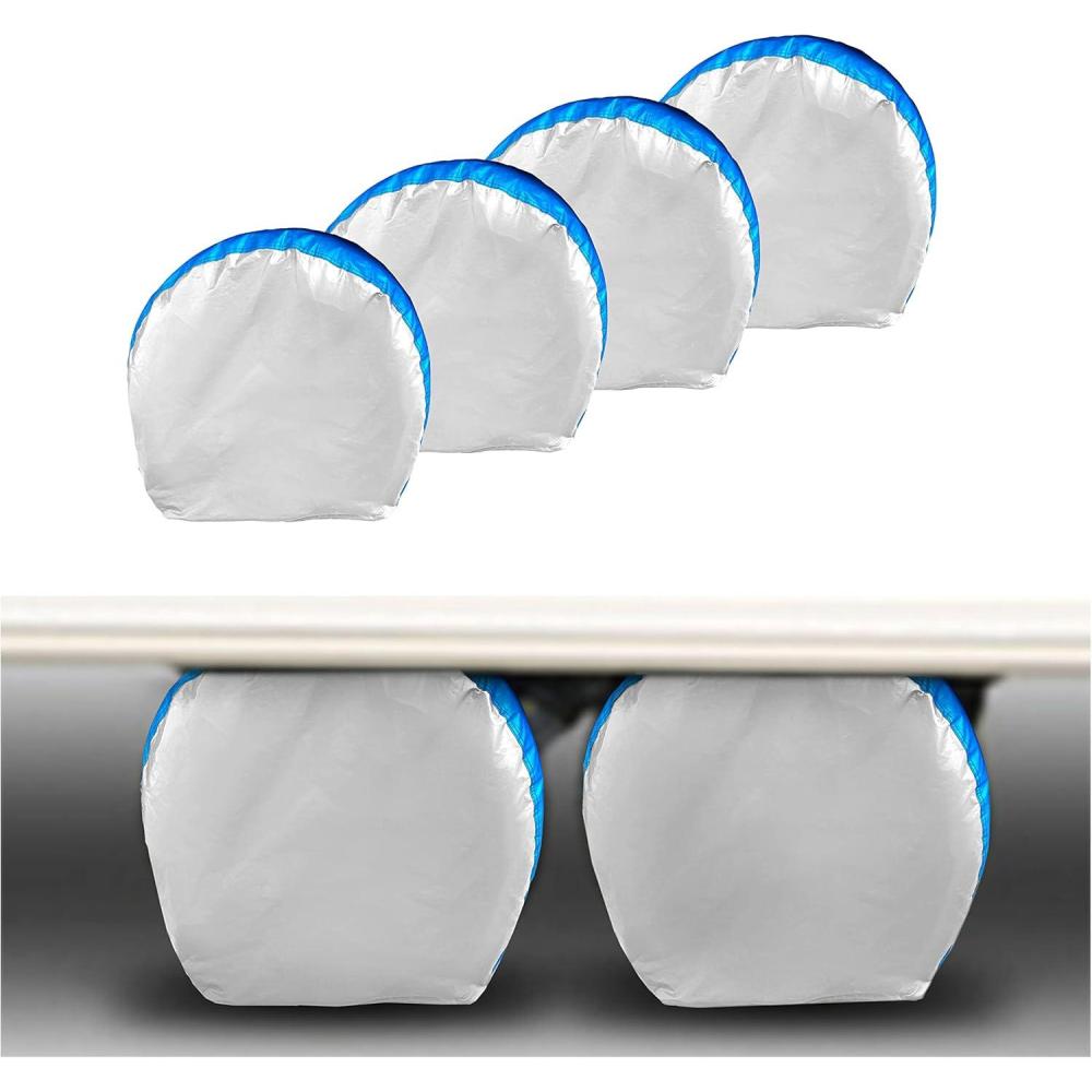 imageMORNYRAY Tire Covers 4 PackWaterproof AntiUV Snow Sun Rain Tire Covers for TruckRV SUV Trailer Camper Silver Fit 2729 Inch Tire DiametersSilver